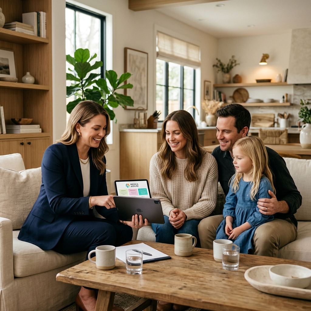 Agent showing health plans on tablet to family